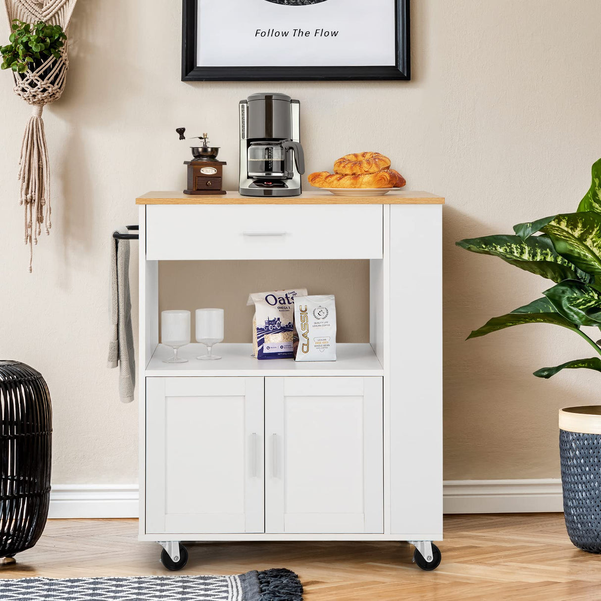 Kitchen Island Trolley, Rolling Kitchen Serving Trolley w/ 3 Spice Racks, Drawer, Open Shelf & Large Cabinet, Portable Workbench Utility Storage Cart w/ Towel Rack & 2 Lockable Casters, White