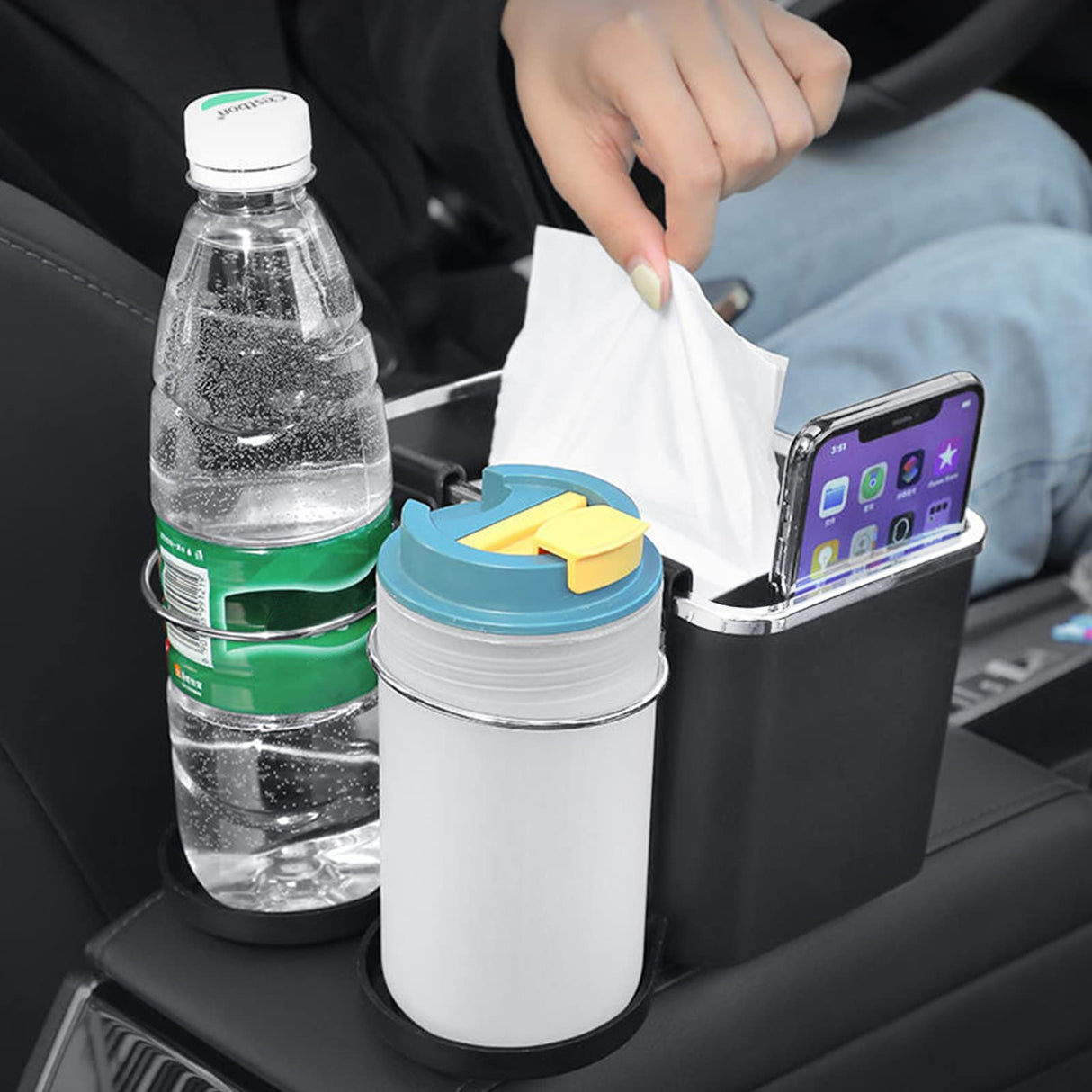 Car Armrest Cup Holder, Car Tissue Storage Box, Car Center Console Seat Organizer, Multifunction Front Seat Holder for Phone/Sunglasses/Card/Keys with 3 Cups Drink Holder Black