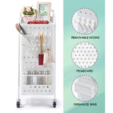 Storage Trolley, 3-Tier Rolling Cart, Utility Cart Metal Shelving with Peg Board Hooks Baskets Handles Locking Wheels, Mobile Storage Rack for Kitchen Office Garage Home (White)