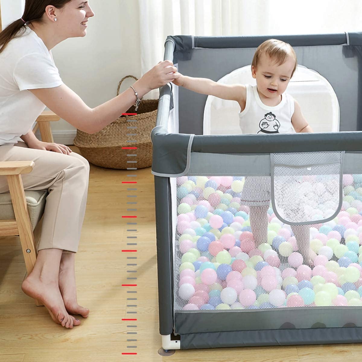 Perellier Playpen with Pit Balls, Folding Playmat and storage bag, large 2m x 1.8m floor area with 65cm walls. Sturdy construction, zippered door and oxford fabric mesh panels so you can keep an eye on every part of the Playpen and will allow children to