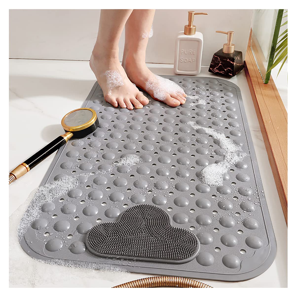 Shower Mat Non Slip Bathtub Mat, Cloud Foot Massage Area, Flexible Soft Massages Your Soles Effectively,Eco-Friendly TPE Anti-Drop for Tub with Suction Cups Bathroom Foot Mats , Grey, 70 X 40CM