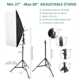 Studio Continuous Lighting Kit Softbox Kit Background Set -- 2 Softbox + 10*5.2ft Backdrops(Black White Green Gray) + 6.6*6.5ft Background Support + Light Stand + 2x25W 5500K LED Bulbs + Portable Bag