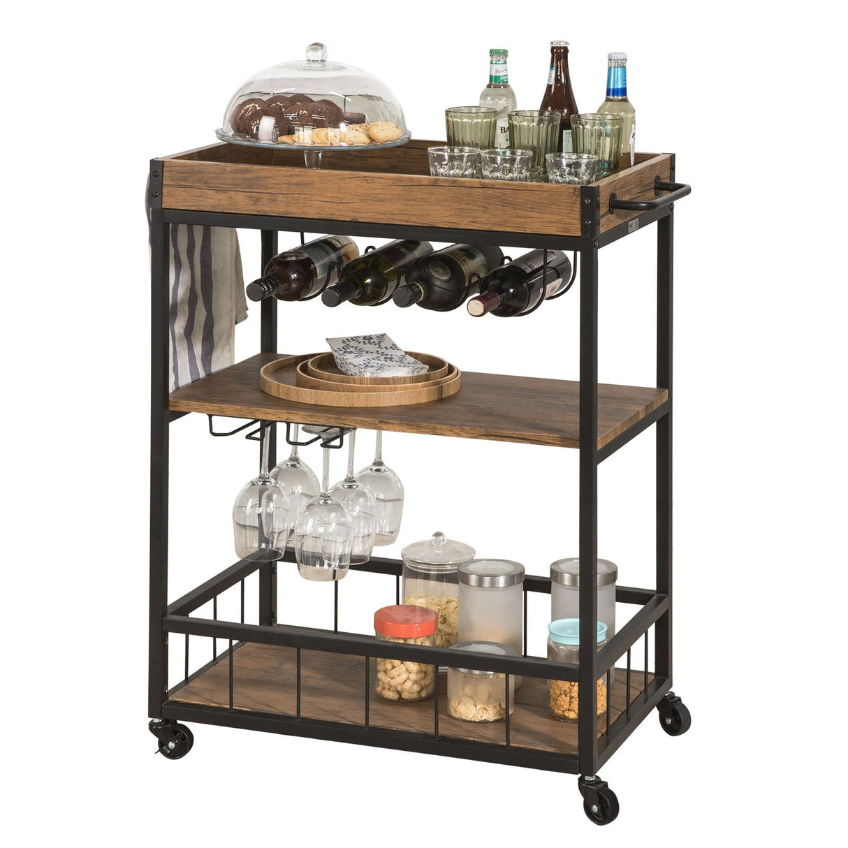 Industrial Vintage Style Wood Metal 3 Tiers Kitchen Serving Trolley with Wine Rack