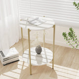 Marble Top Side Table Gold: 2 Tier Round Shape End Tables 40.5 x 55cm Sintered Stone Bedsides with Metal Golden Legs Modern White Nightstand Circular Sofa Corner Table for Living Room Reception