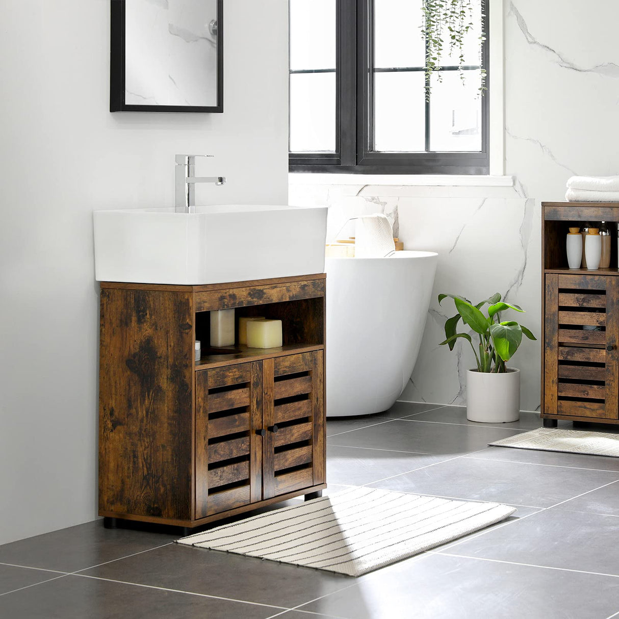 Under Sink Cabinet, Bathroom Vanity Unit, Storage Cupboard, 60 x 30 x 63 cm, with 2 Louvered Doors, Adjustable Shelf, Rustic Brown BBK04BX