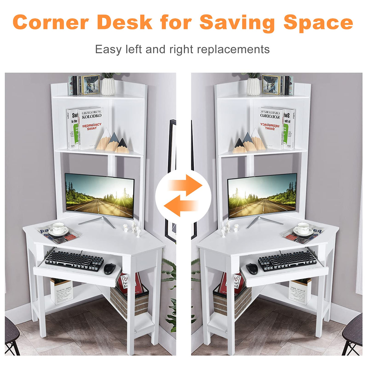 Corner Desk with Hutch, Compact Home Office Desk, Corner Computer Desk, Study and Writing Table w/Keyboard Tray & Bottom Shelves, Space-Saving Laptop PC Desk for Home, Office