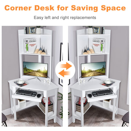 Corner Desk with Hutch, Compact Home Office Desk, Corner Computer Desk, Study and Writing Table w/Keyboard Tray & Bottom Shelves, Space-Saving Laptop PC Desk for Home, Office