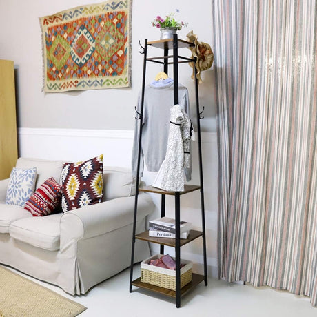 Coat Rack Stand Industrial, Metal Coat Hanger Stand Free Standing Coat Stand with 4 Shelves Garment Rack with Clothing Rail Metal Frame 8 Hooks for Clothes Hats Handbags