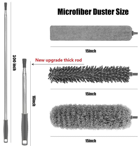 New Upgrade Feather Duster 100inch Bold Extension Telescopic Pole, Bendable & Washable Microfiber Dusters,with 3 Brush for Cleaning Ceiling Fan, Cobweb,Gap, High Ceiling, Blinds, Furniture, Cars