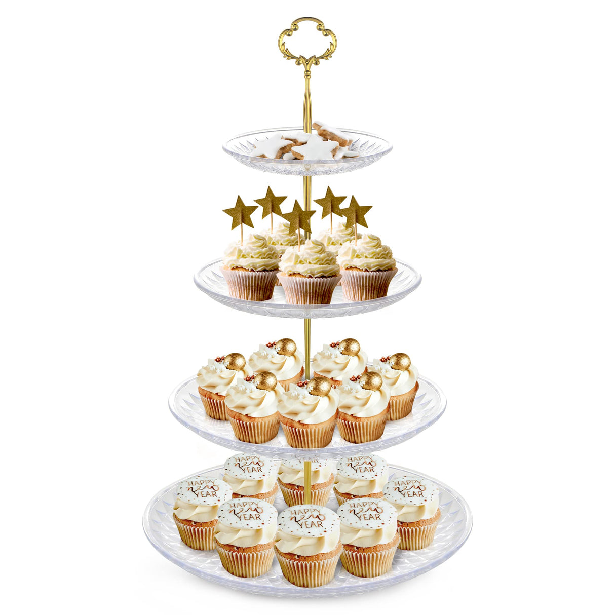 4-Tier Cupcake Stand Elegant Plastic Pastry Serving Platter Metal Struts Stable Dessert Tower Display Rack for Wedding Birthday Tea Party Baby Shower Ceremony (4 Tier Gold)