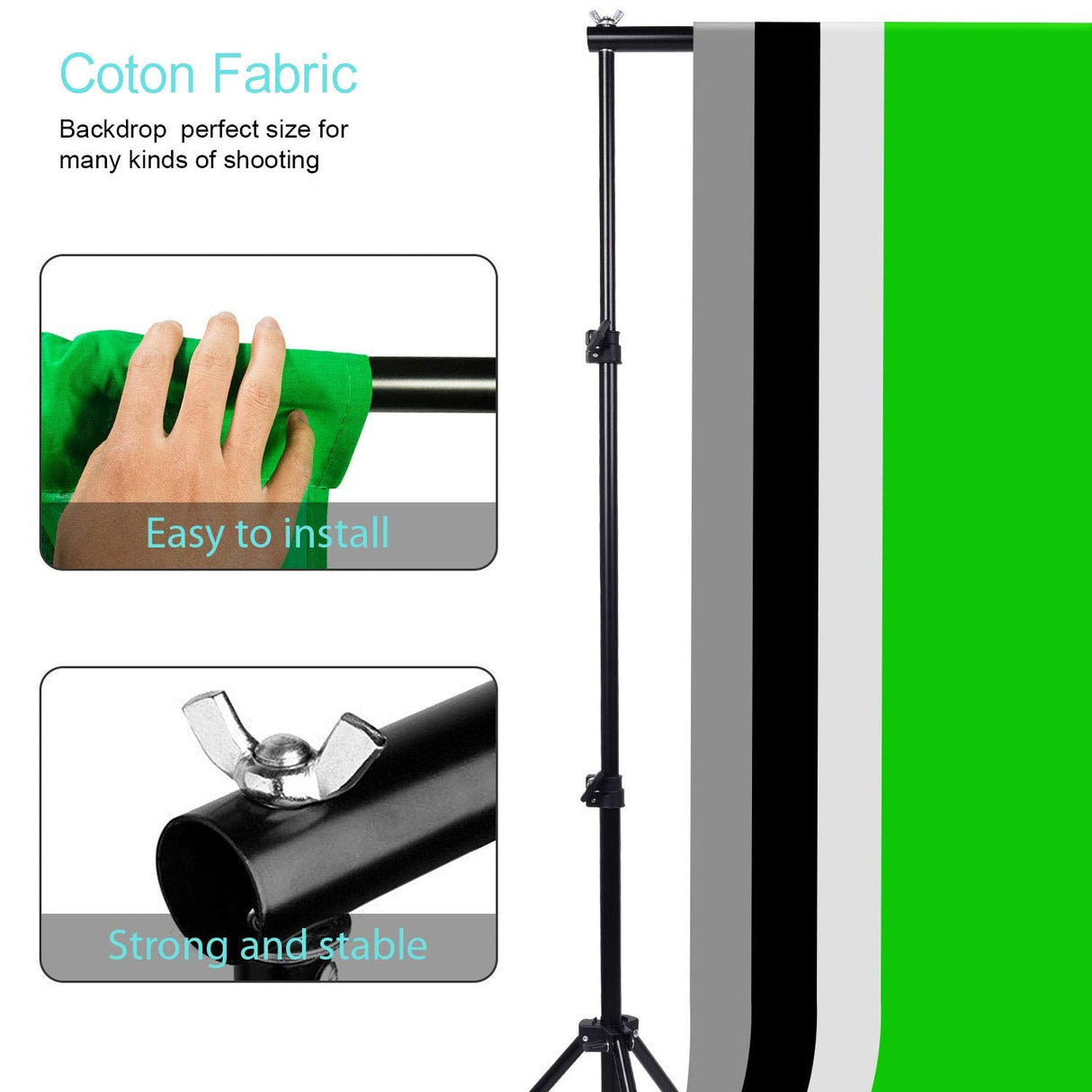 Photography Studio Backdrop Support System + 2X 25W LED Softbox Continuous Lighting Kit with Black/White/Gray/Green Screen Backdrop 2x2m Background Support Stand for Photo Video Shooting