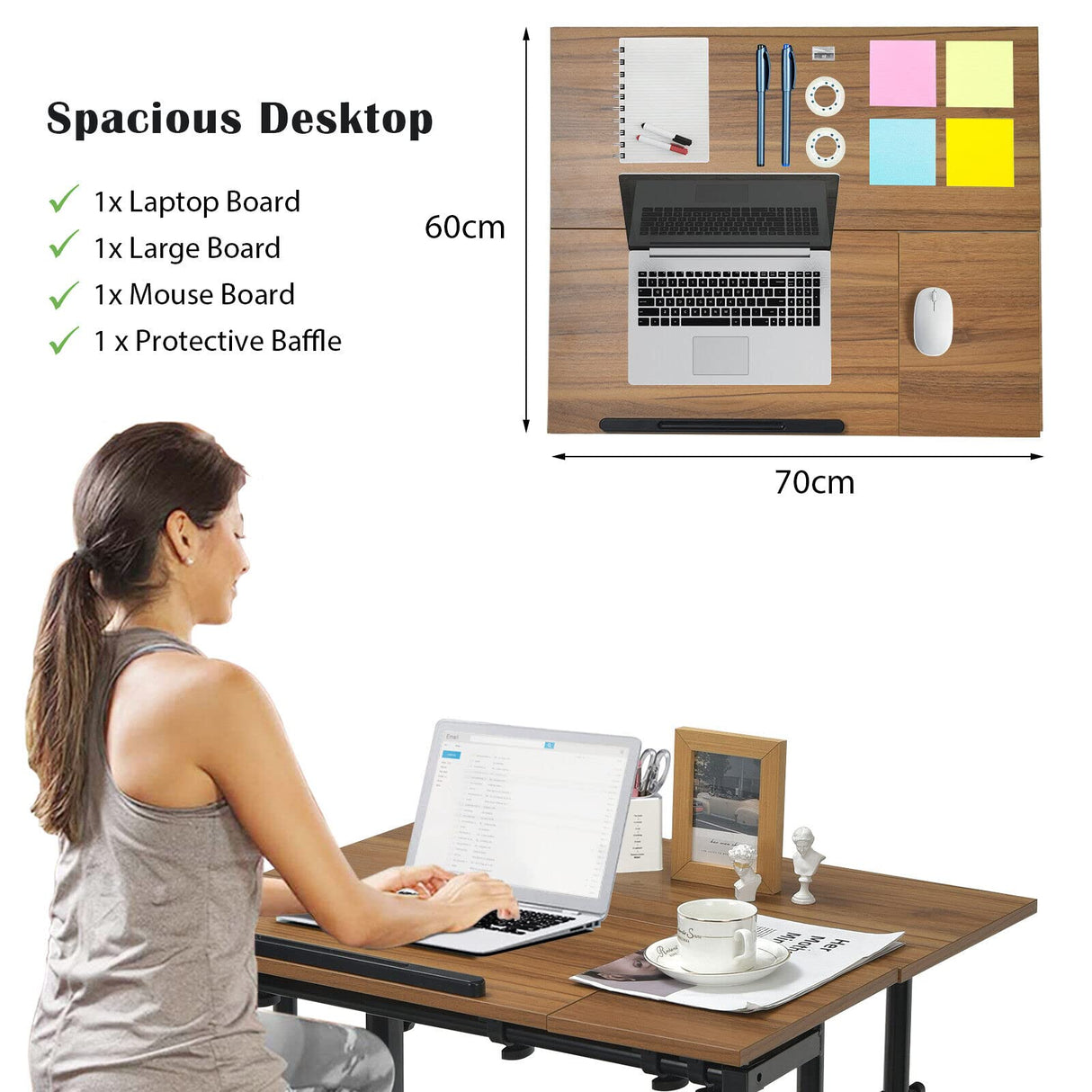 Mobile Stand up Computer Desk, Rolling Standing Laptop Cart with 2 Tilting Desktops, Sitting or Standing Modes, Height Adjustable Home Office Workstation (Walnut)