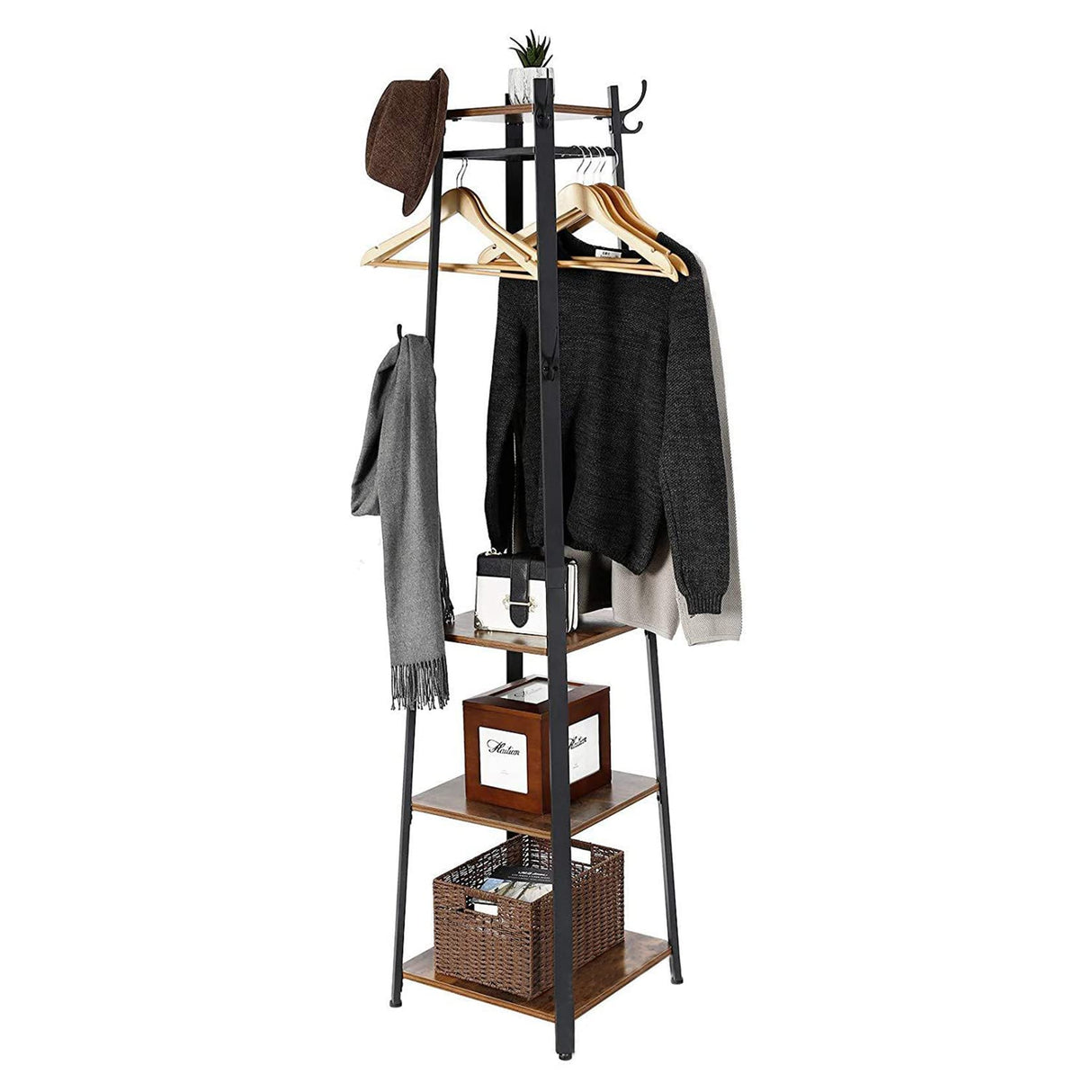 Coat Rack Stand Industrial, Metal Coat Hanger Stand Free Standing Coat Stand with 4 Shelves Garment Rack with Clothing Rail Metal Frame 8 Hooks for Clothes Hats Handbags