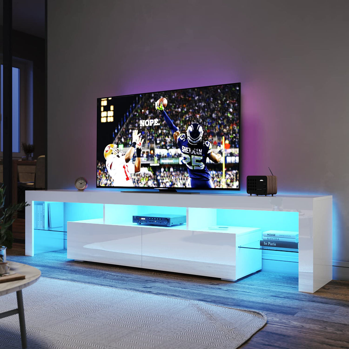 TV Unit Entertainment LED, 200cm TV Cabinet Modern High Gloss TV Unit with 2 Drawers for Bedroom Living Room Home Furniture (White)