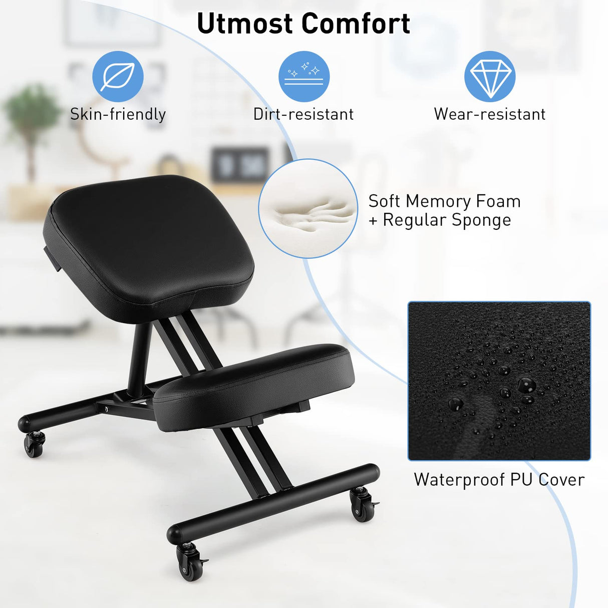 Ergonomic Kneeling Chair, Height Adjustable Kneeling Stool w/Smooth Gliding Wheels & Foam Padded Cushions, Angled Seat, Mobile Kneeling Chair for Home Office (Model 2, Black)