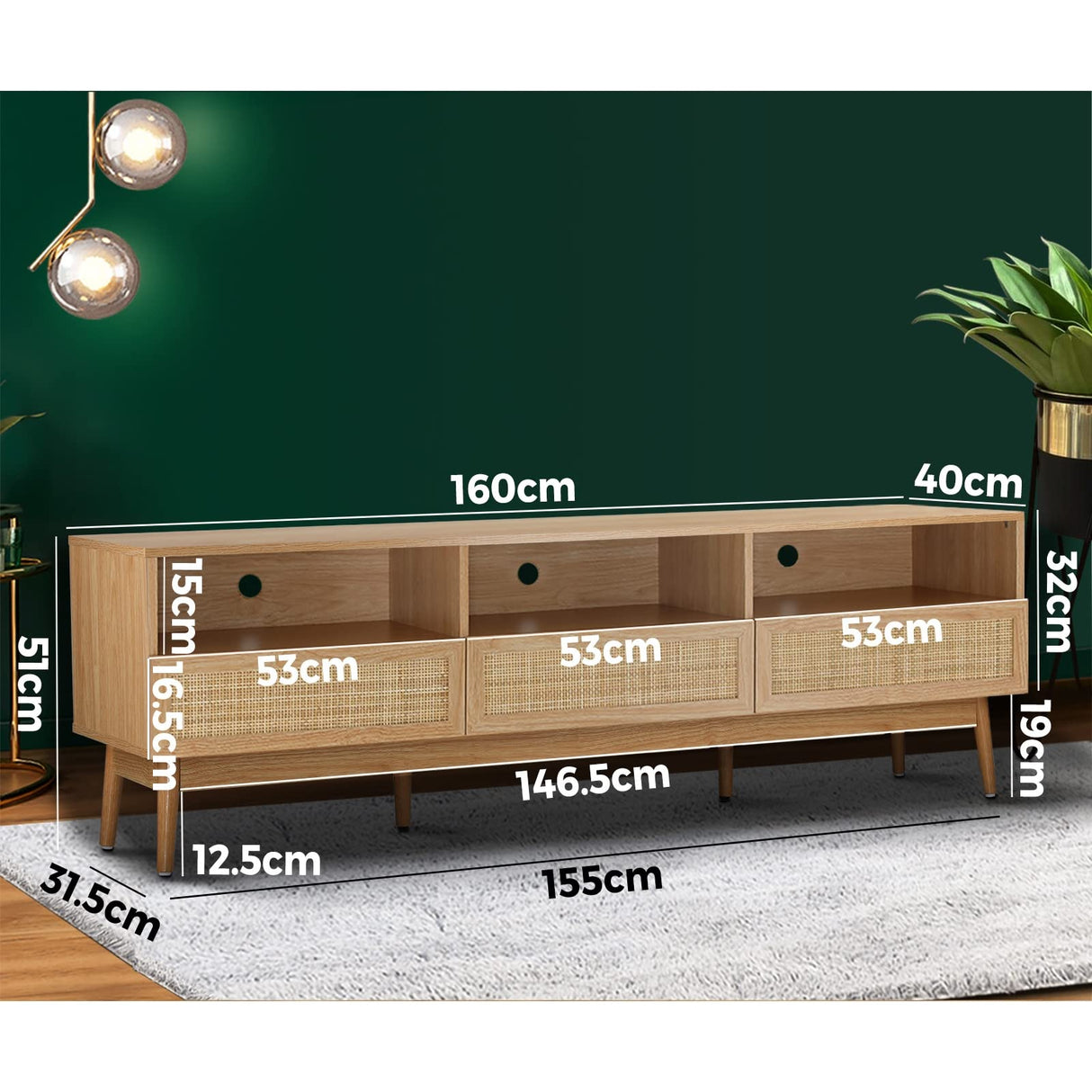 Oikiture TV Unit Stands Cabinets Entertainment Armoires Mount Stands Furniture 160cm with Drawers Storage Rattan Door Drawers Wooden