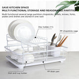 QYINXIU Dish Drying Rack, 2 Tier Dish Drying Rack Set, Dish Rack, 360 Degree Rotating Drainer, Rustproof Cutlery Rack for Kitchen Countertop with Draining Board, Cup Holder, Cutlery Rack-White