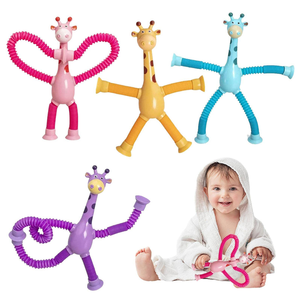 Pop Tubes Fidgets Toy Set,4Pcs Giraffe Pop Tube Sensory Toys,Telescopic Suction Cup Giraffe Toy Educational Stress Relief Fidgets Tubes Toy,Parent-Child Interactive Decompression Toy, Boy Girl