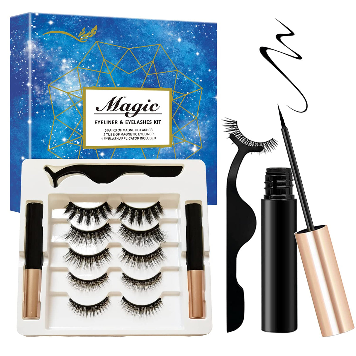 Upgraded Magnetic Eyeliner with Eyelashes Kit - Reusable False Lashes with 2 Magnetic Eyeliner and 1 Tweezers - Thick Curly Lashes with Waterproof Texture (5 Pairs)