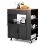 Kitchen Island Trolley, Rolling Kitchen Serving Trolley w/ 3 Spice Racks, Drawer, Open Shelf & Large Cabinet, Portable Workbench Utility Storage Cart w/Towel Rack & 2 Lockable Casters, Black