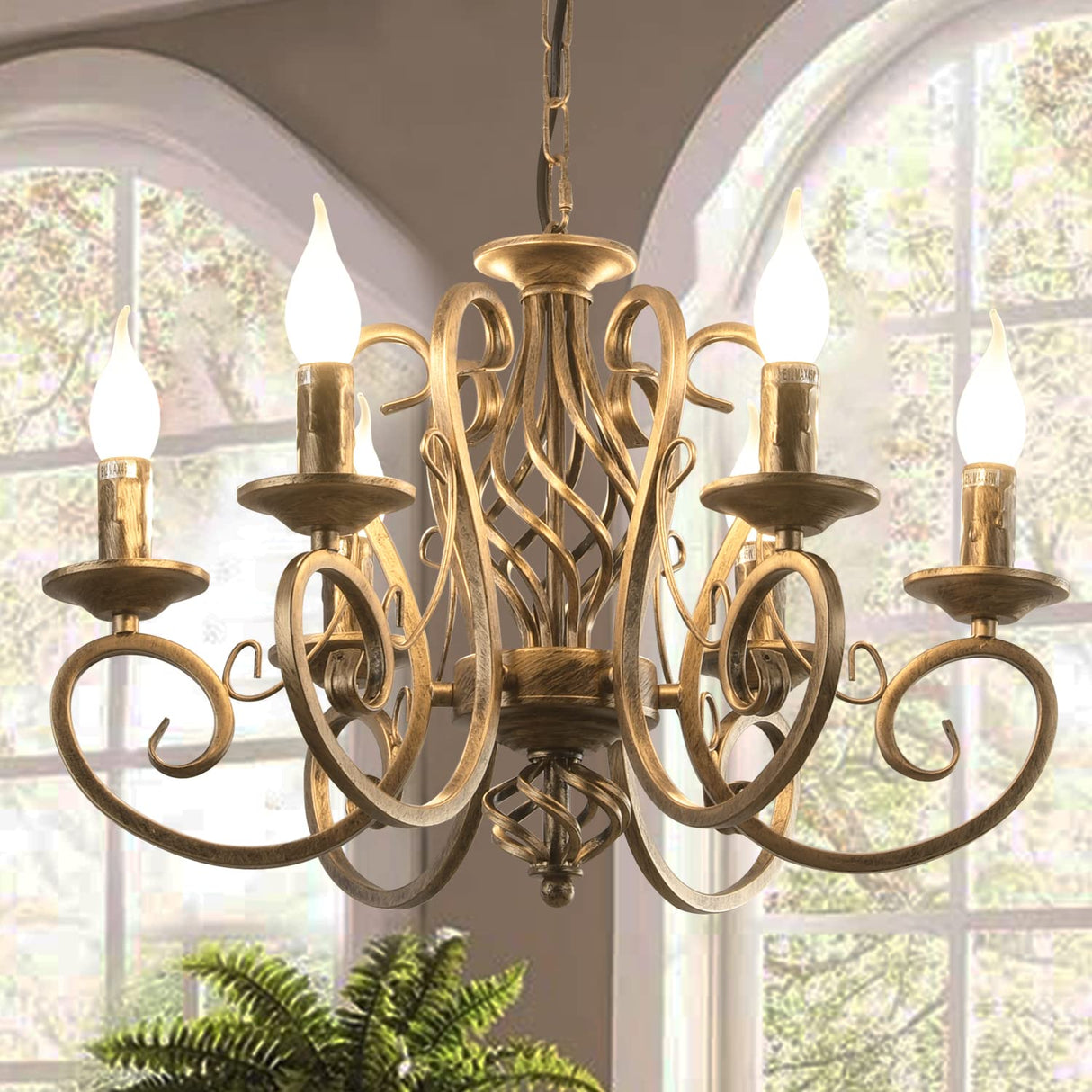 Ganeed French Country Chandeliers,6 Lights Candle Wrought Iron Chandelier,Rustic Farmhouse Pendant Light Fixture Hanging Lighting for Kitchen Island,Dining Room,Living Room,Foryer