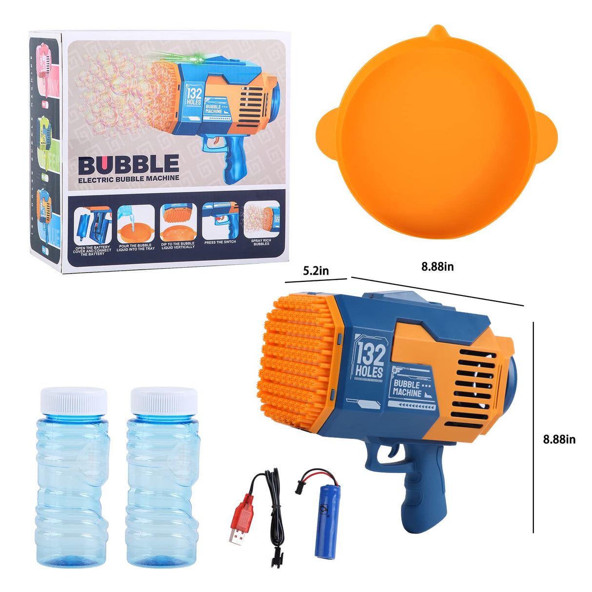 Bubble Gun,132- Holes Bubble Gun with Lights,Bazooka Bubble Machine , Kids Adults Party Wedding Activity (Blue)