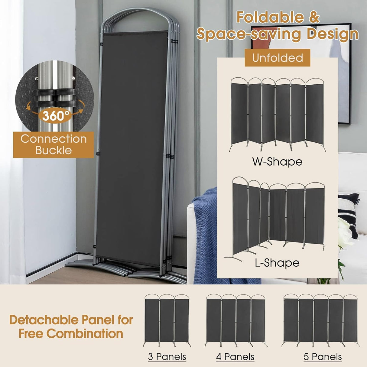 6-Panel Folding Room Divider, Privacy Screen, Portable Polyester Fabric Wall Divider and Separator, Freestanding Privacy Protection for Living Room, Bedroom, Office