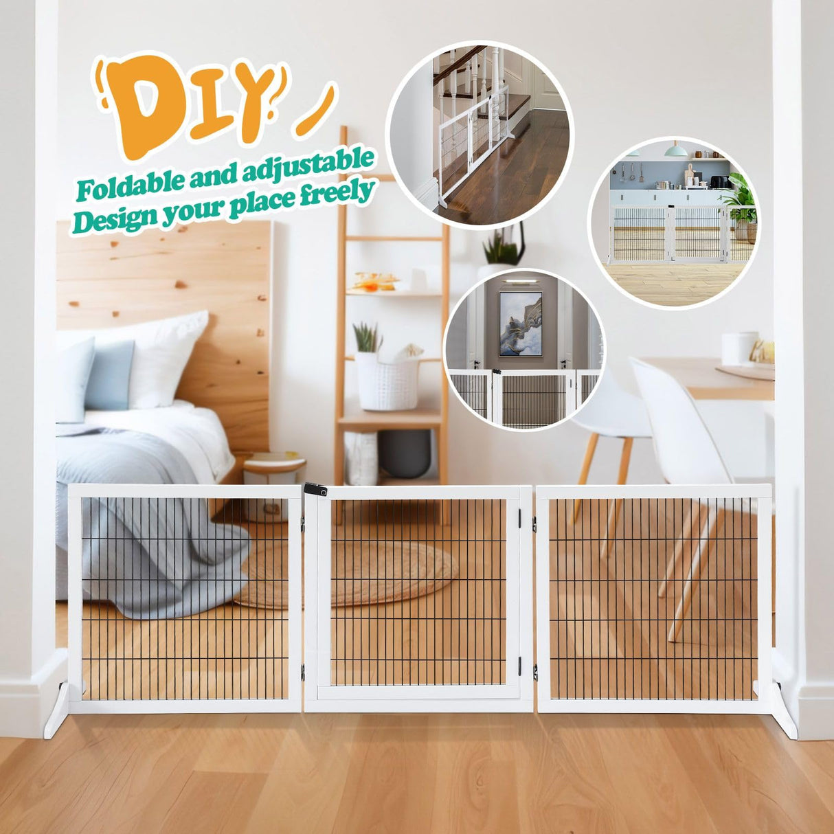 Wooden Dog Pet Fence 3 Panels DIY Shape,Foldable Puppy Gate Safety Guard,Indoor Pet Playpen Foldable Cat Barrier Protection Net Stair Partition,White