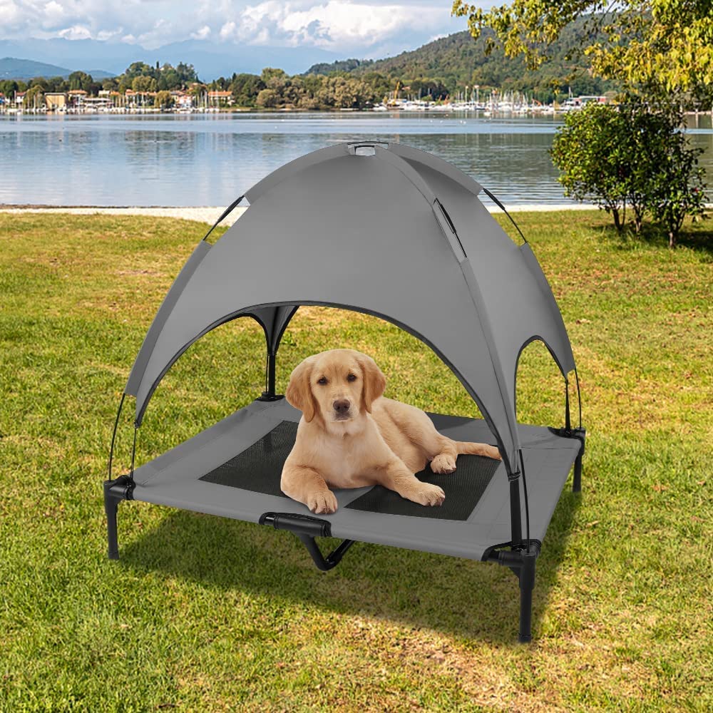 Outdoor Dog Bed with Canopy, Outside Portable Cooling Raised Pet Cot for Dogs and Cats, Grey Large