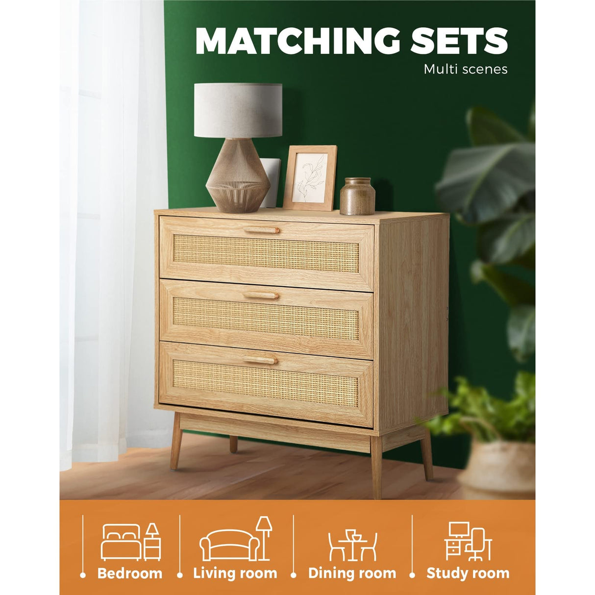 Rattan Chest of Drawers Sideboard Tallboy Floor Storage Cabinets Hallway Table with 3 Drawer Clothes Cupboard Shelf Bedroom Furniture