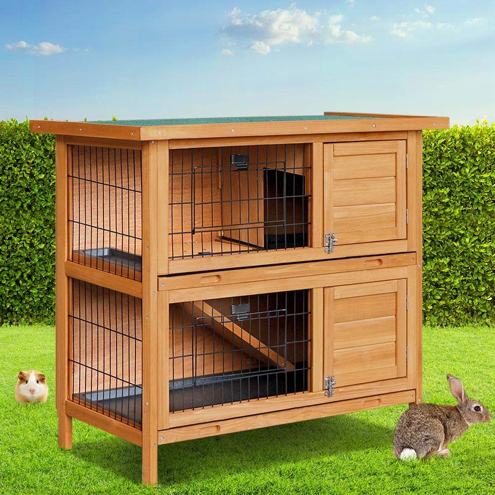 Rabbit Hutch Wooden Chicken Coop, Bunny Cage Rabbits Wood Pet House Run Cages Guinea Pig Ferret, Outdoor Metal Door Roof Weatherproof Farm