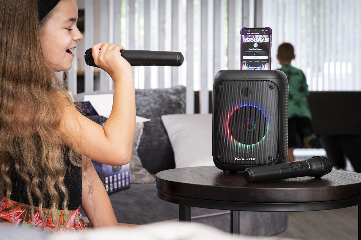 Vocal-Star Portable Karaoke Machine with Bluetooth, 2 Wireless Microphones, 60w Speaker, Lights Effects, Records Singing,Rechargeable