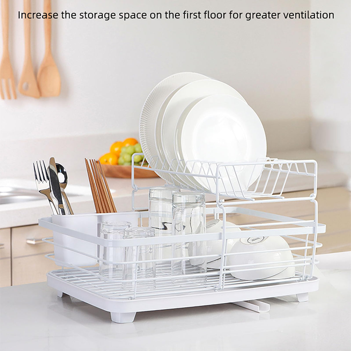 QYINXIU Dish Drying Rack, 2 Tier Dish Drying Rack Set, Dish Rack, 360 Degree Rotating Drainer, Rustproof Cutlery Rack for Kitchen Countertop with Draining Board, Cup Holder, Cutlery Rack-White