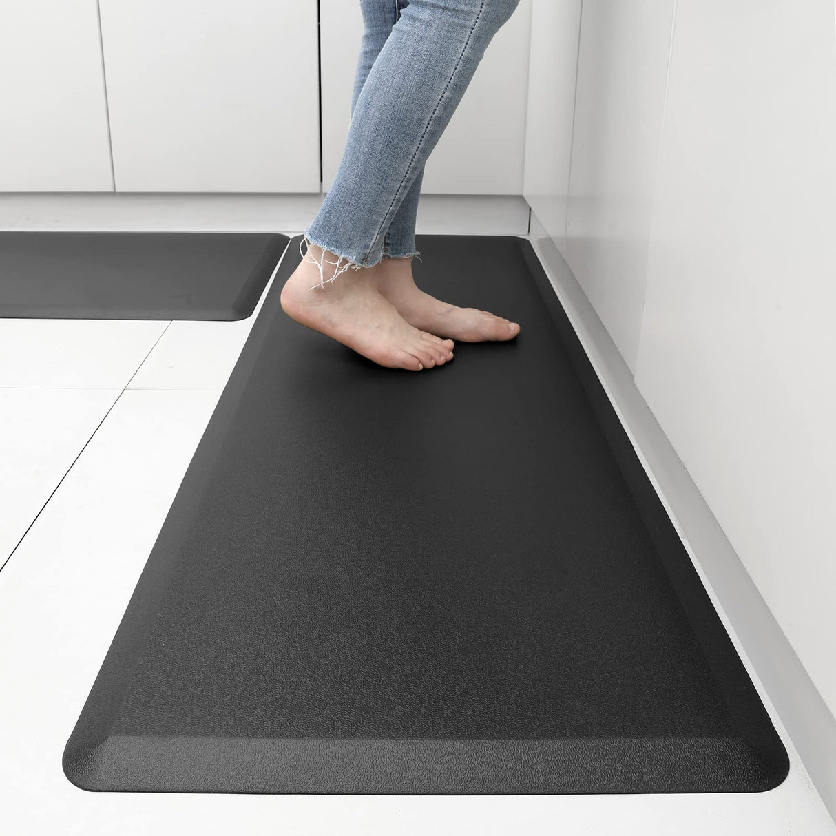 Anti Fatigue Kitchen Rug [2 PCS] Non Skid Kitchen Floor Mats 45x75cm+45x120cm Cushioned Comfort Standing Mat Waterproof Kitchen Runner Mats for Kitchen, Home, Office, Laundry, (Black)