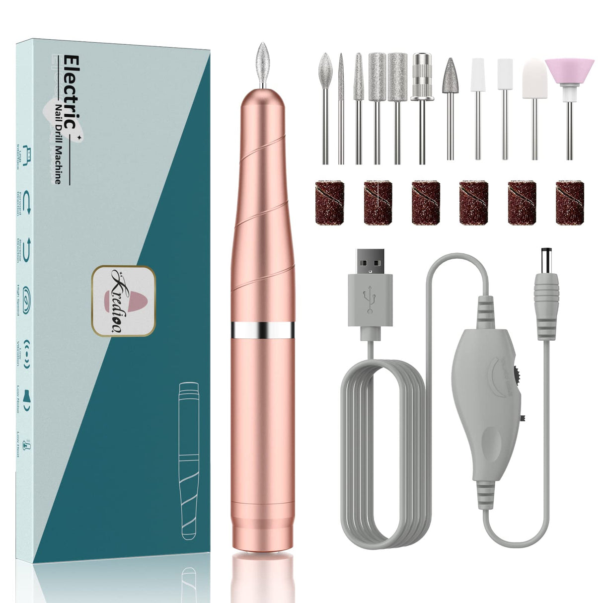 Electric Nail File, 19pcs Efile Kit USB Portable for Acrylic Nails Professional 20000RPM Manicure Drill Machine Tools with 11 Drill Bits Adjustable Speed&Direction.(RoseGold)