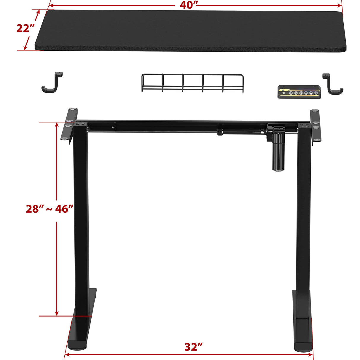 SHW Small Electric Height Adjustable Sit Stand Desk with Hanging Hooks and Cable Management, 40 x 22 Inches, Black Frame and Black Top