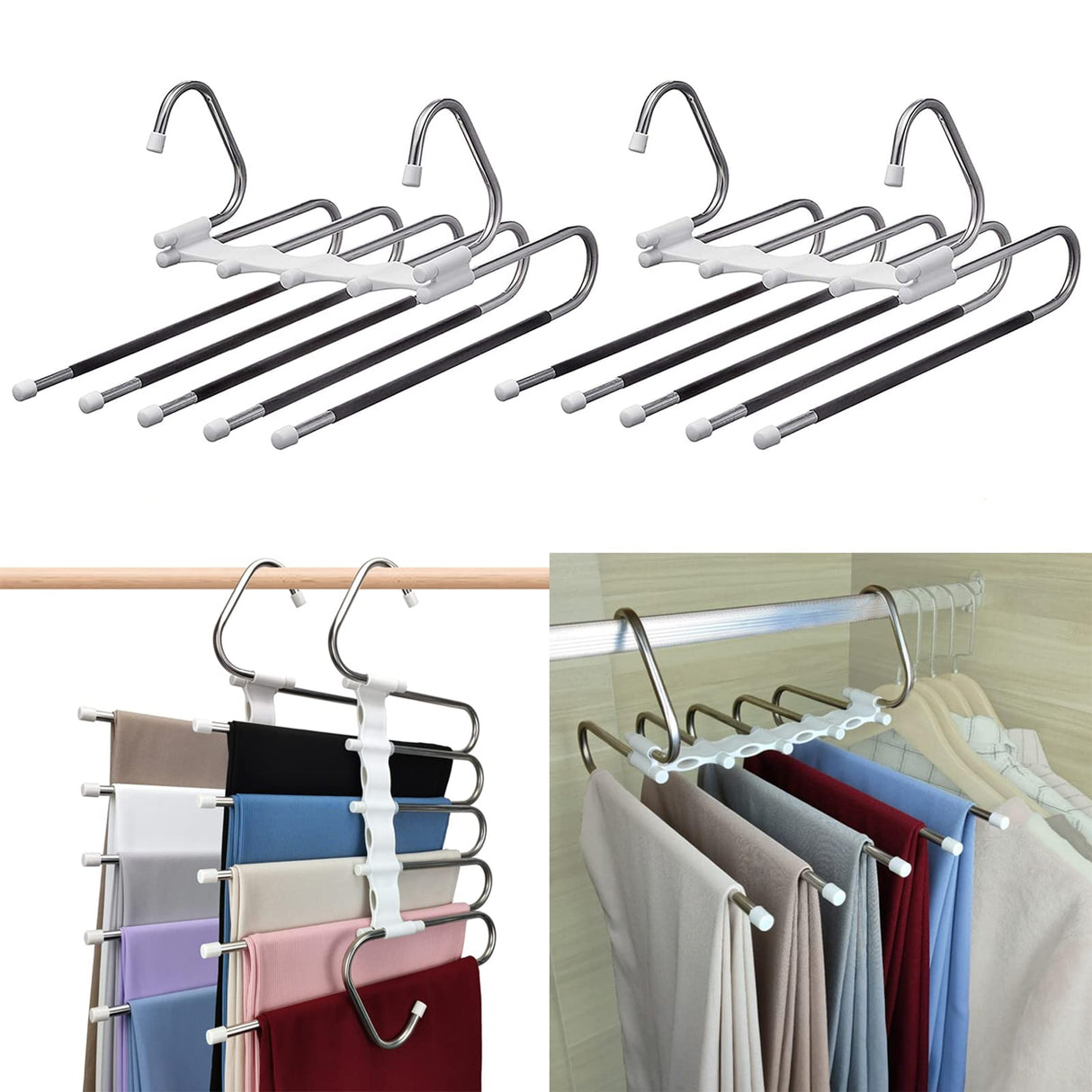 Trouser rack saves space, 2 Pack for S-shaped stainless steel clothes trouser rack, anti-slip design, Anti-Slip Design,Clothes Closet Storage Organizer for Pants Jeans Trousers Skirts Scarf