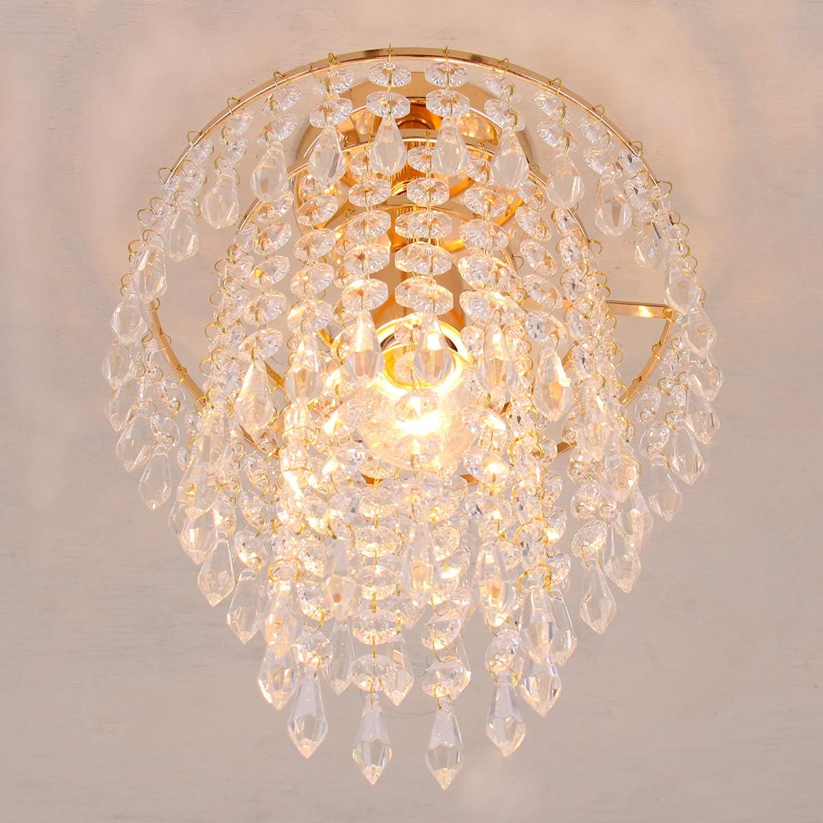 Small Crystal Chandeliers Gold Ceiling Lights Flush Mount Ceiling Lamp Lampshade 3 Tiers Crystal Pendant Lighting for Hallway Bedroom Girl's Room,E26