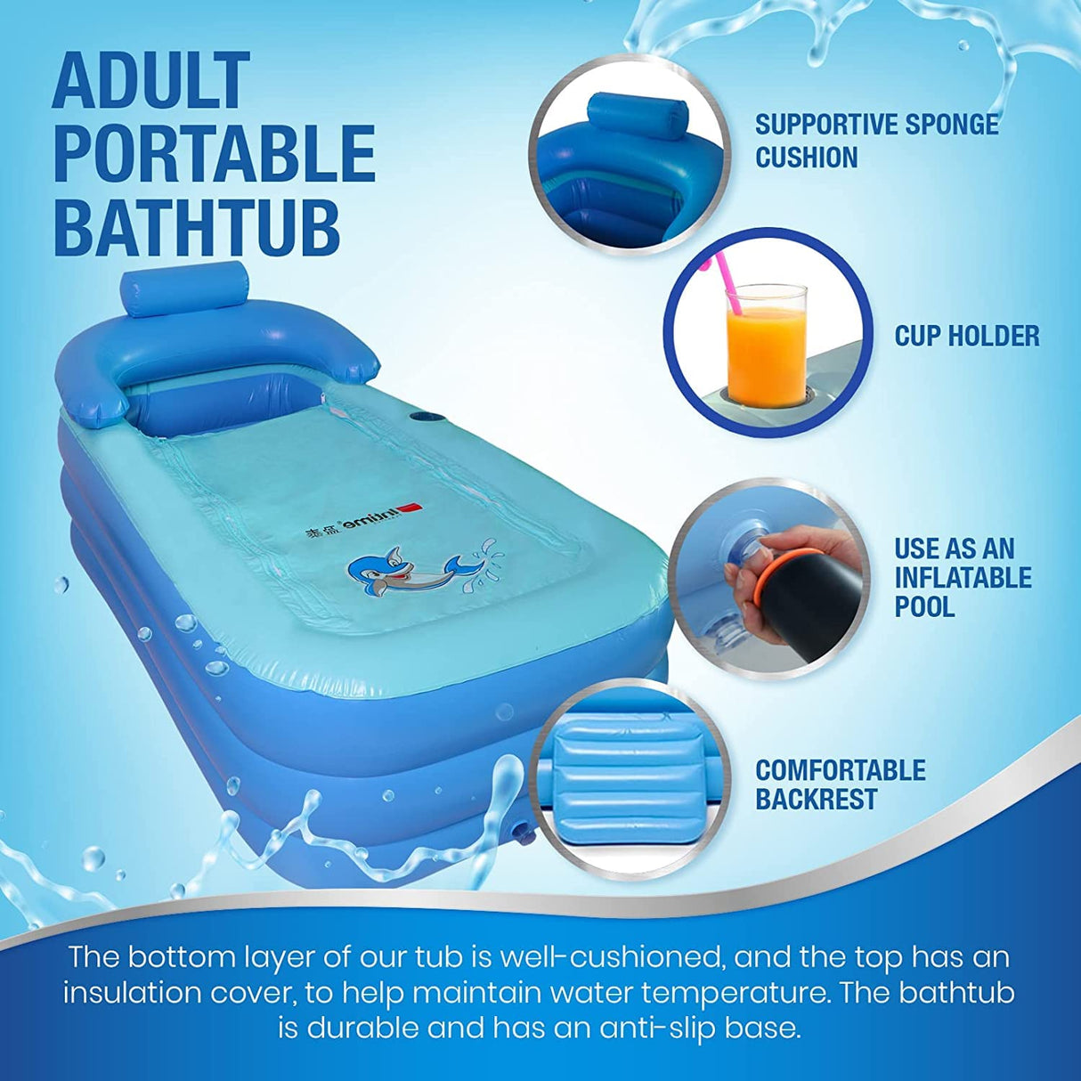 Portable Folding Inflatable Bathtub,with Pedal Air Pump,Inflatable Adult Bath Tub,for Adult Senior Shower Inflatable Pool Bathroom Home SPA (High-Density PVC)