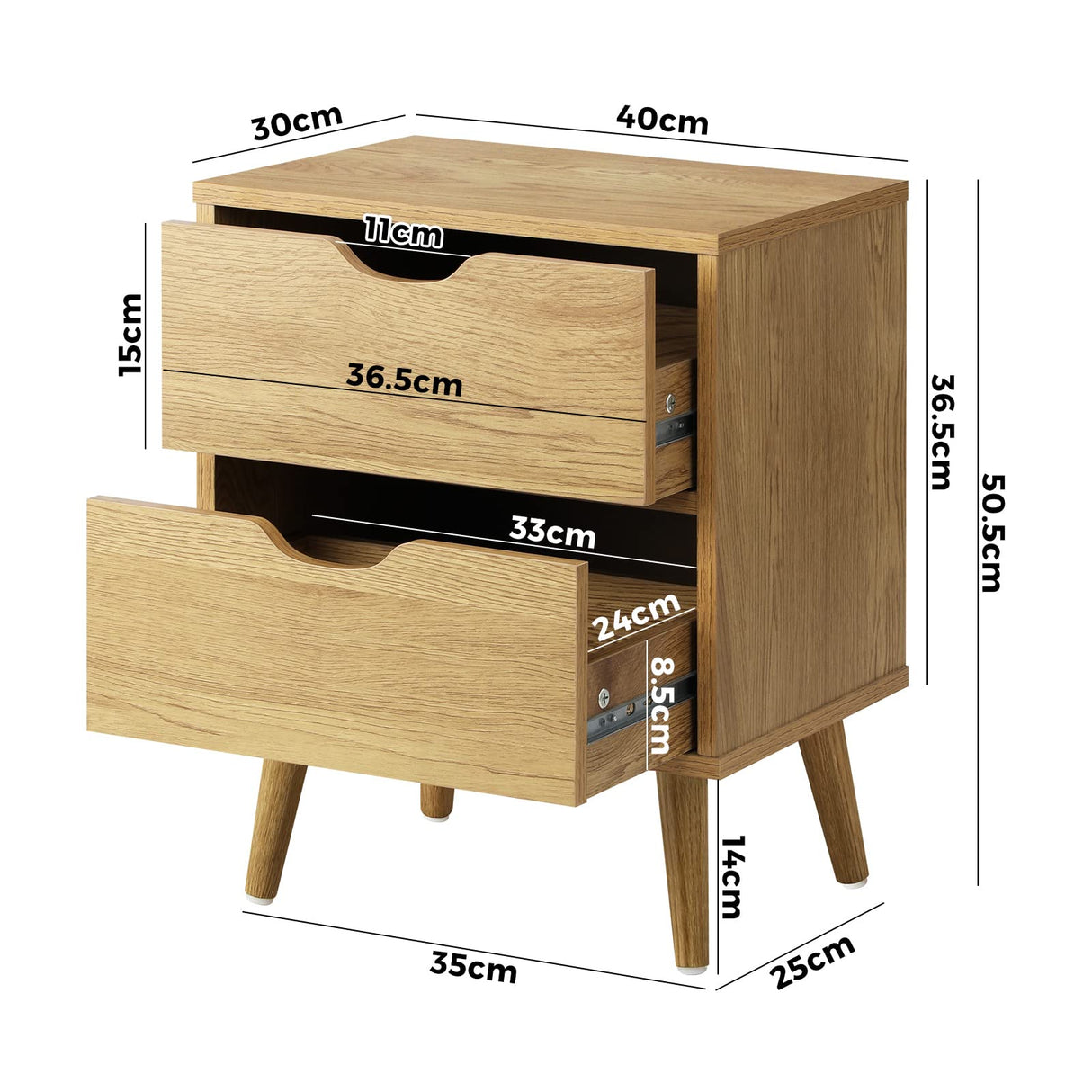 Bedside Table with 2 Drawers, Wooden Side Table Nightstand Home Storage Furniture Wood