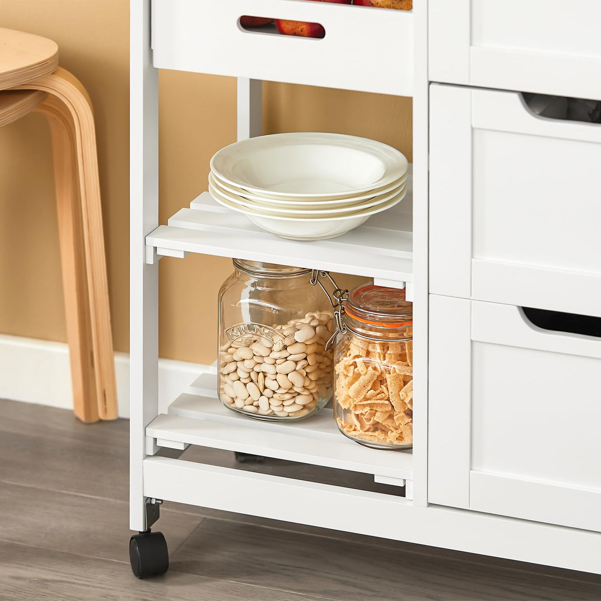 Kitchen Serving Cart with 3 Drawers and Removable Tray,Kitchen Storage Trolley,White