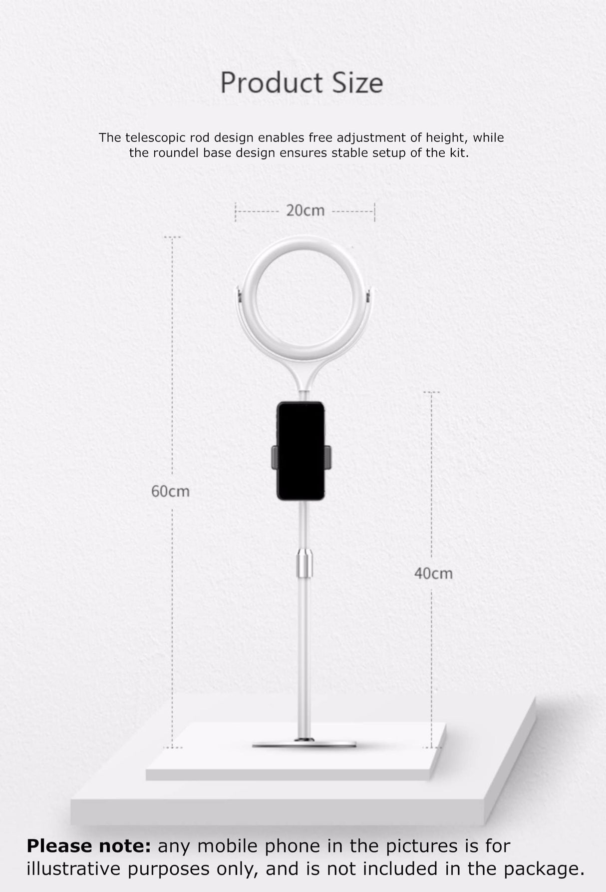 360° Rotatable 3 Colour Tones Dimmable 8 Inch LED Ring Light with Stand and Phone Holder Set Black