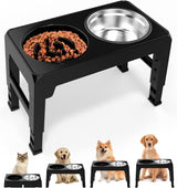 Elevated Raised Slow Feeder Dog Bowls, 4 Height Adjustable Dog Bowls Sstand with Stainless Steel Dog Water Bowl and Dog Slow Feeder Non-Slip Dog Food Bowls for Large Medium Small Dogs and Pets (Black)