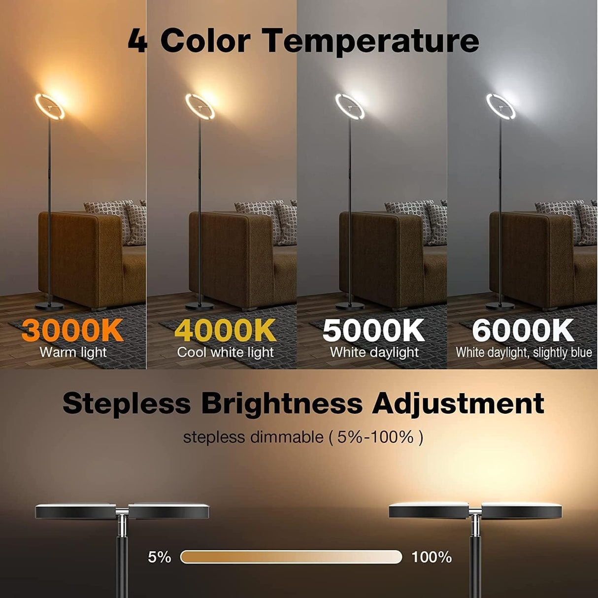 Floor Lamps for Living Room,Modern Bright LED Standing Lamp,Stepless Dimmable 3000K-6000K Rotatable Reading Standing Light,Touch&Remote Control Uplighter Floor Lamp for Living Room Bedroom