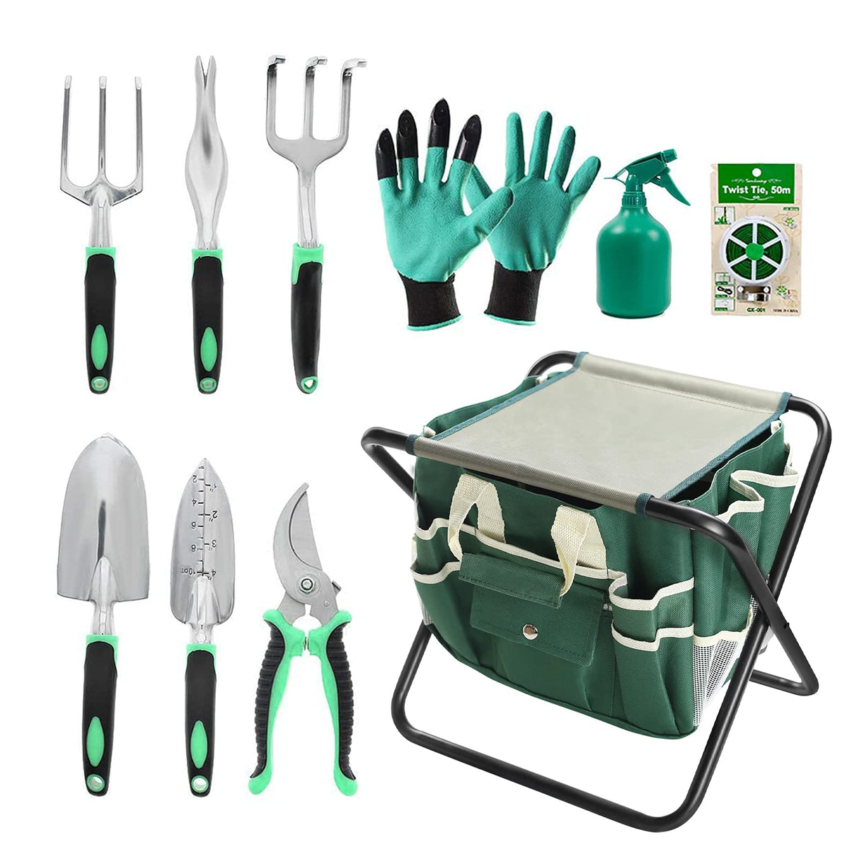 Garden Tools Set 11 Piece Gardening Tools Kit with Folding Stool for Women & Men, Garden Tools Set with 6 Hand Tools, Garden Storage Tote, Watering Pot,Garden Gloves and Garden Twist Tie