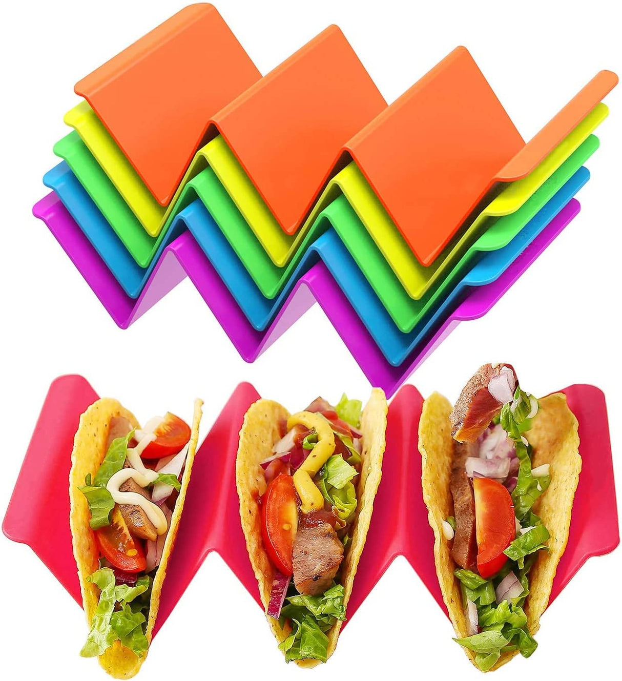 Colorful Taco Holders Set of 6, Taco Tray Plates with Handle Each Can Hold 2 or 3 Tacos, BPA Free PP Material, Dishwasher and Microwave Safe