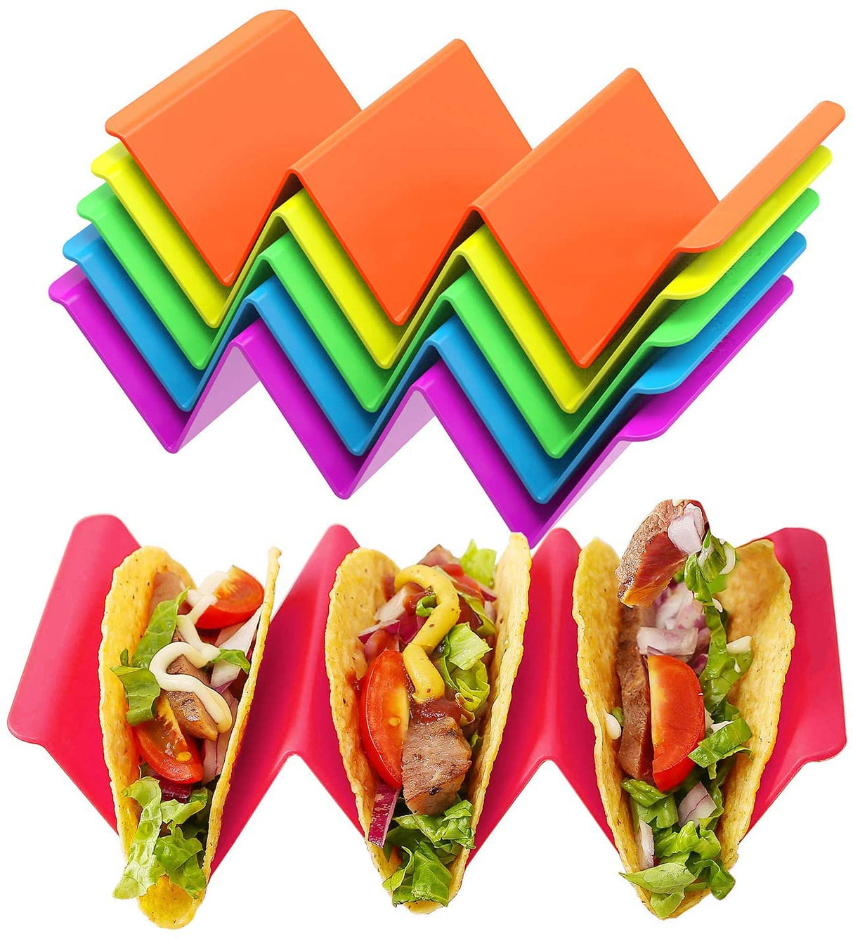 Colorful Taco Holders Set of 6, Taco Tray Plates with Handle Each Can Hold 2 or 3 Tacos, BPA Free PP Material, Dishwasher and Microwave Safe