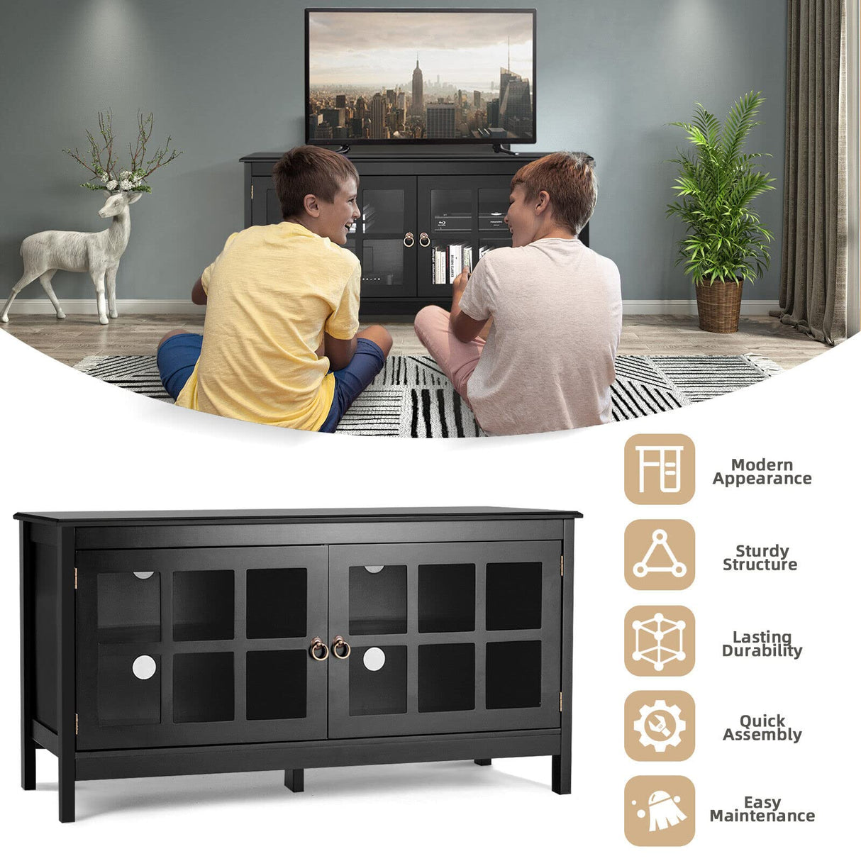 Modern Glass Door Cabinet, Wooden Storage Cabinet with Adjustable Shelf and Cable Management, Media Entertainment Center, Console Table for Living Room Bedroom, 114 x 48cm (Black)