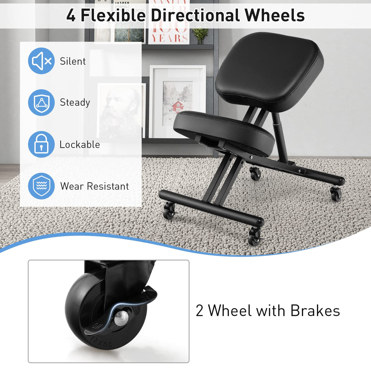 Ergonomic Kneeling Chair, Height Adjustable Kneeling Stool w/Smooth Gliding Wheels & Foam Padded Cushions, Angled Seat, Mobile Kneeling Chair for Home Office (Model 2, Black)