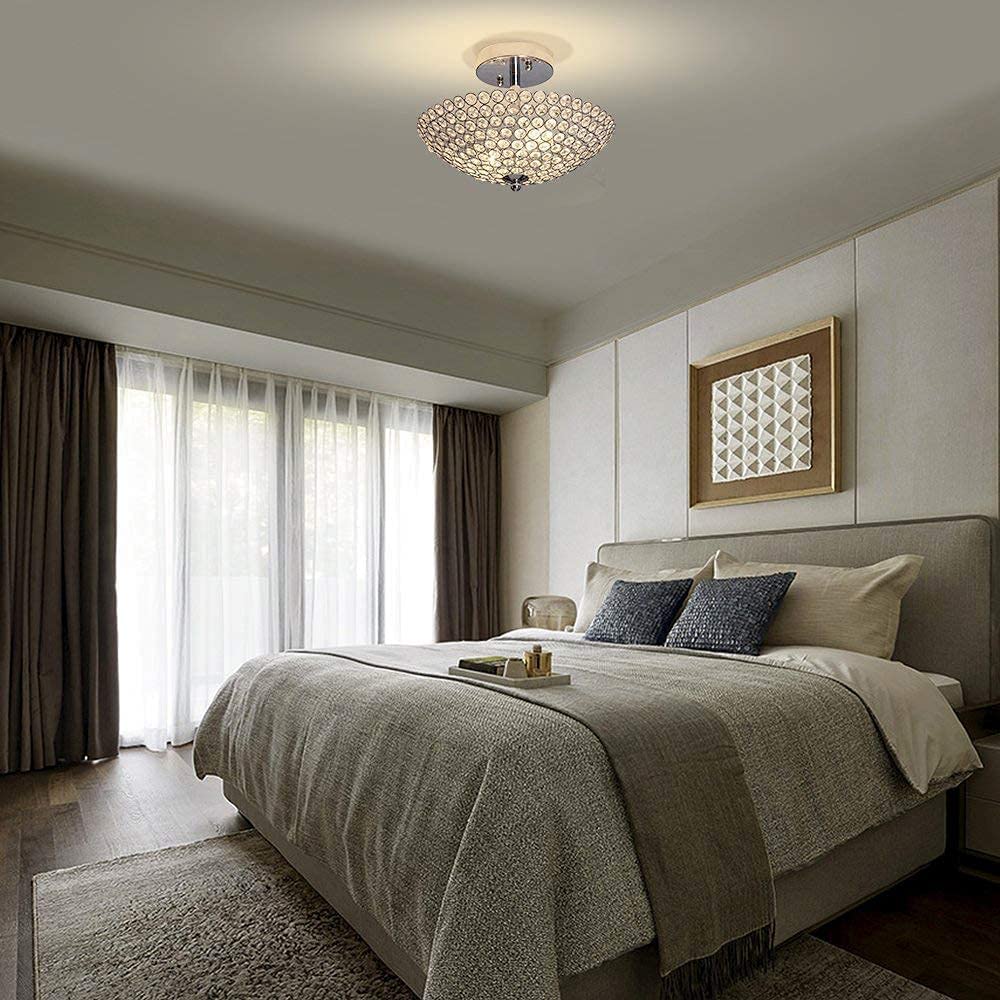 Depuley Modern Crystal Ceiling Light Fixture, 2-Light Crystal Semi Flush Mount Ceiling Light, Modern Crystal Chandelier Lighting for Bedroom, Entryway, Foyer, Hallway, Dining Room, Chrome Finish E14